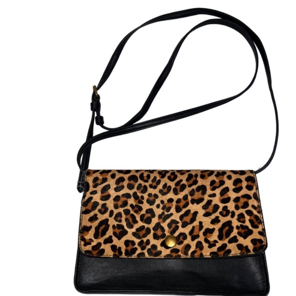 j. crew medium leopard pony hair blk leather cross body messenger bag